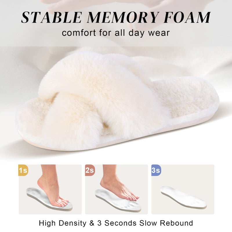 Parlovable Women's Fuzzy Slippers Comfy Cross Band House Shoes Memory Foam Open Toe Indoor Gifts for Ladies Off-white 9-10 - Image 5
